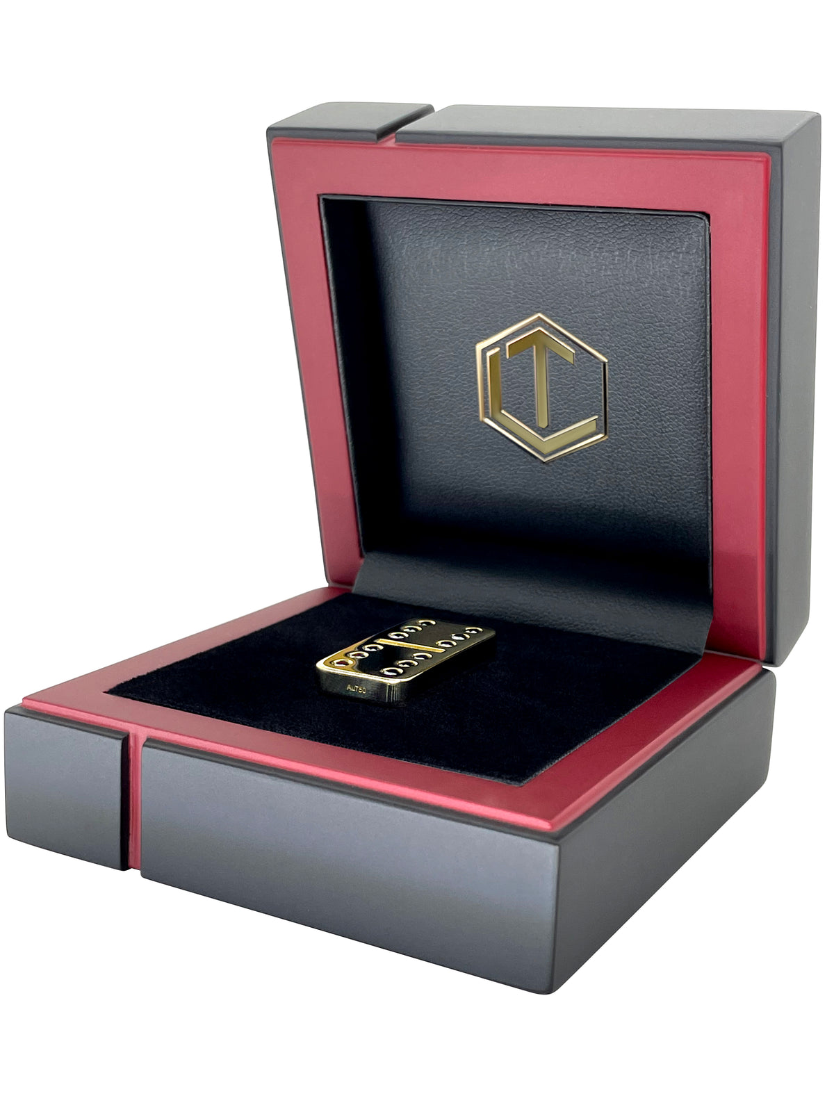 Solid 18-Karat Gold Domino Tile with Diamonds in black case lying - Dominostein 18 Karat Gold mit Diamanten liegend im Etui