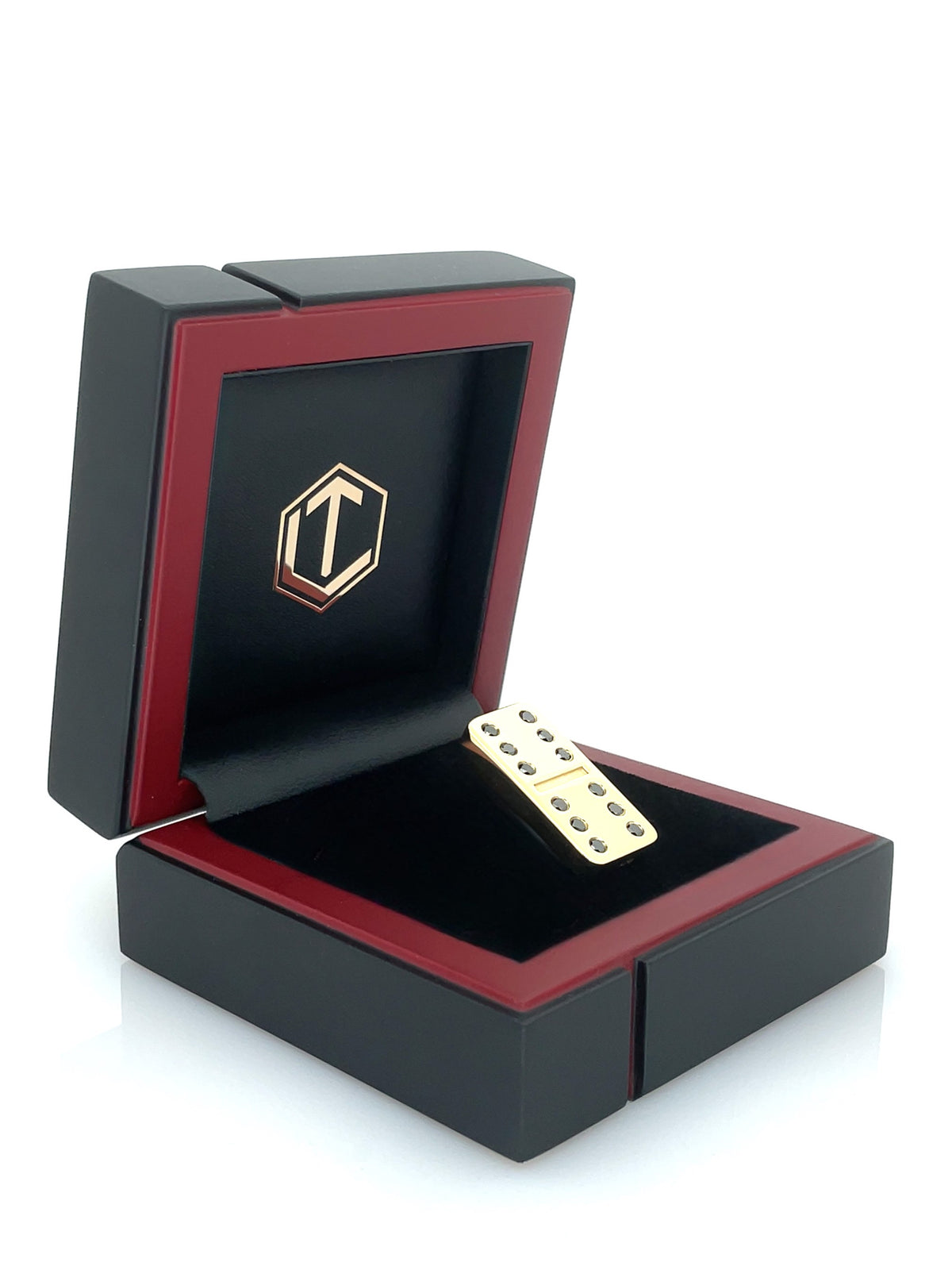Solid 18-Karat Gold Domino Tile with Diamonds in black case - Dominostein 18 Karat Gold mit Diamanten im Etui
