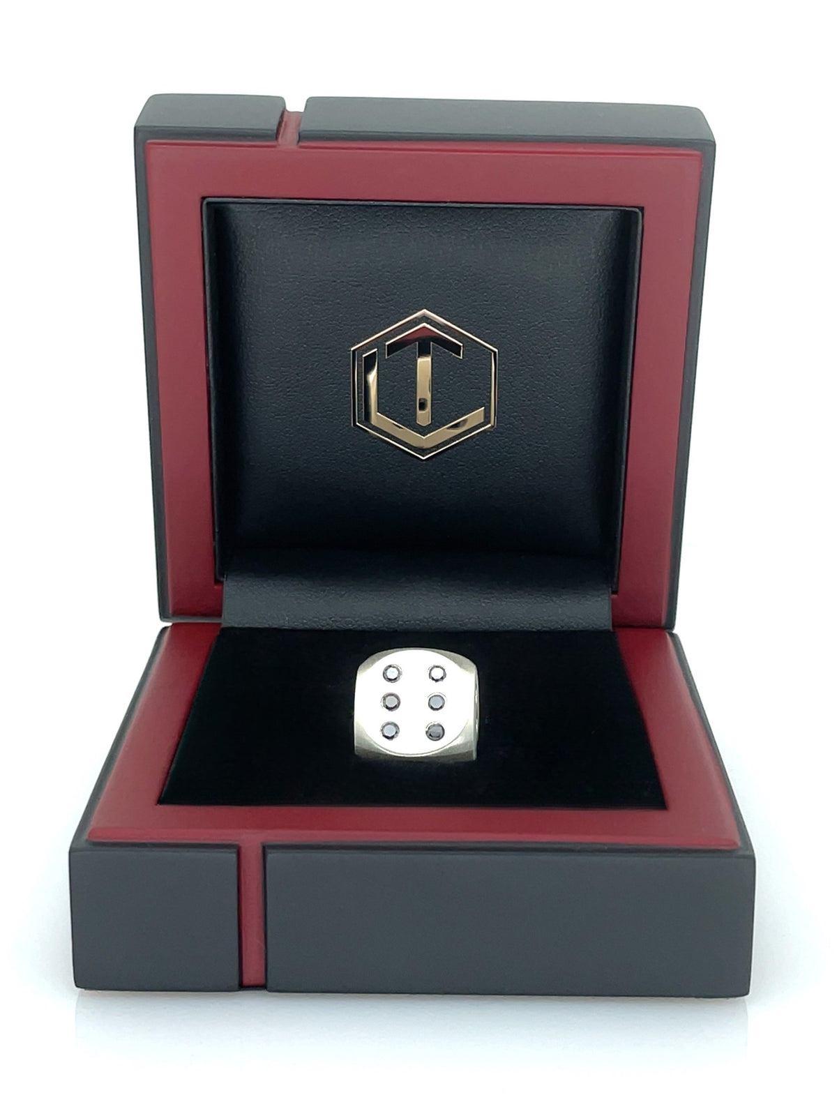 Solid Brushed Silver Dice with Diamonds in Black Case - Silberwürfel massiv mit Diamanten im Etui