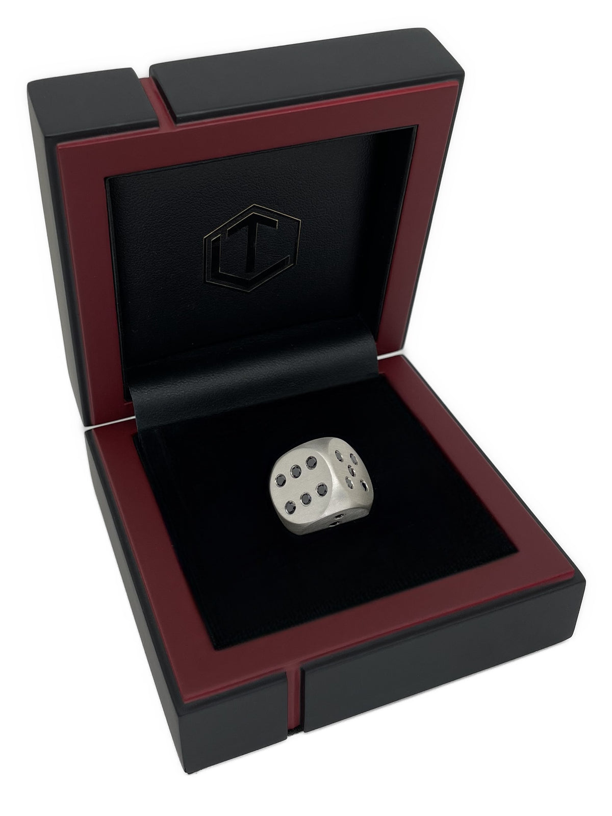 Solid Brushed Silver Dice with Diamonds in Black Case - Würfel aus Silber mit Diamanten im Etui