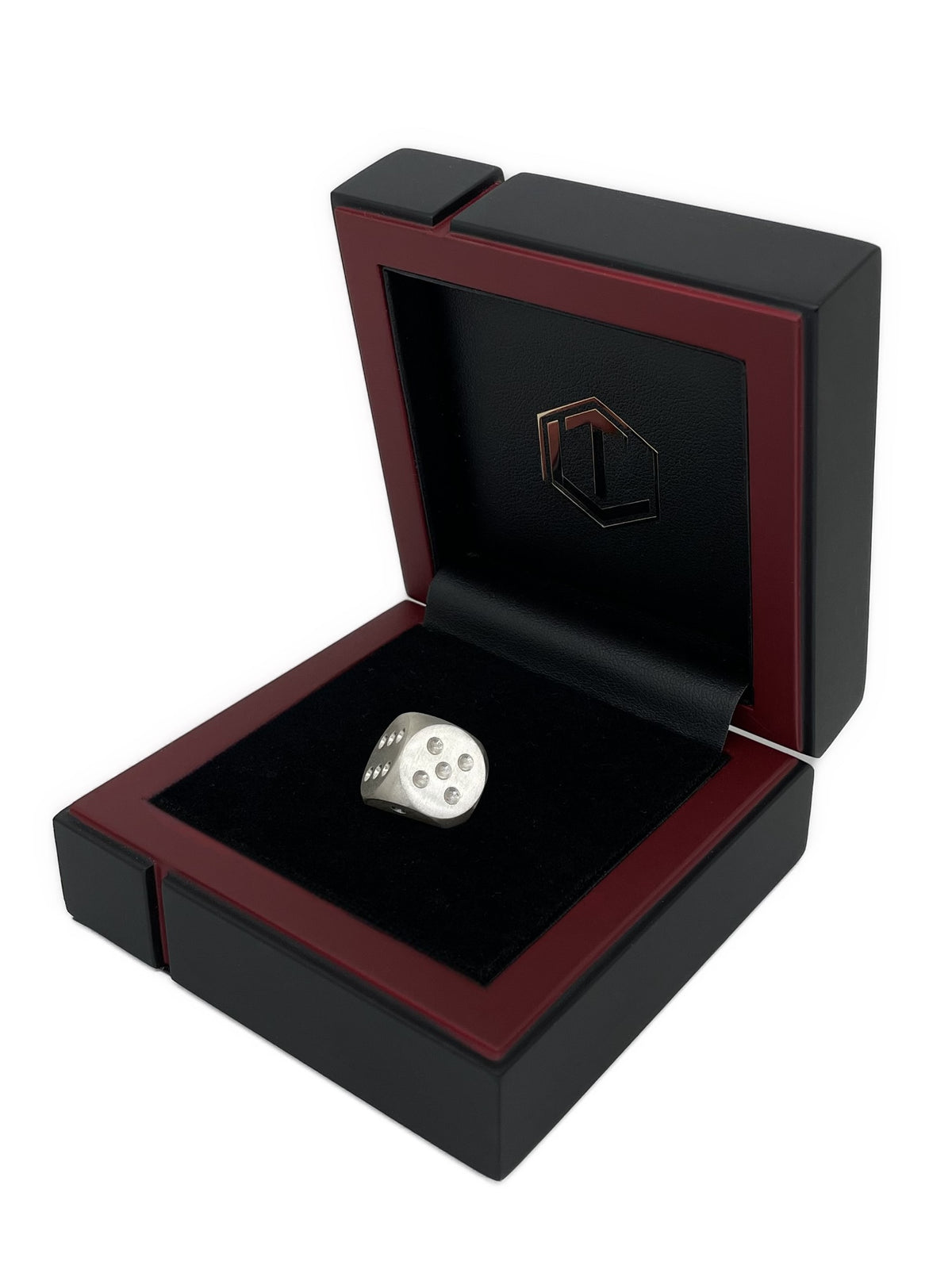 Solid_brushed Sterling_Silver Dice_14mm in black case - Massiver Spielwürfel aus Silber im Etui