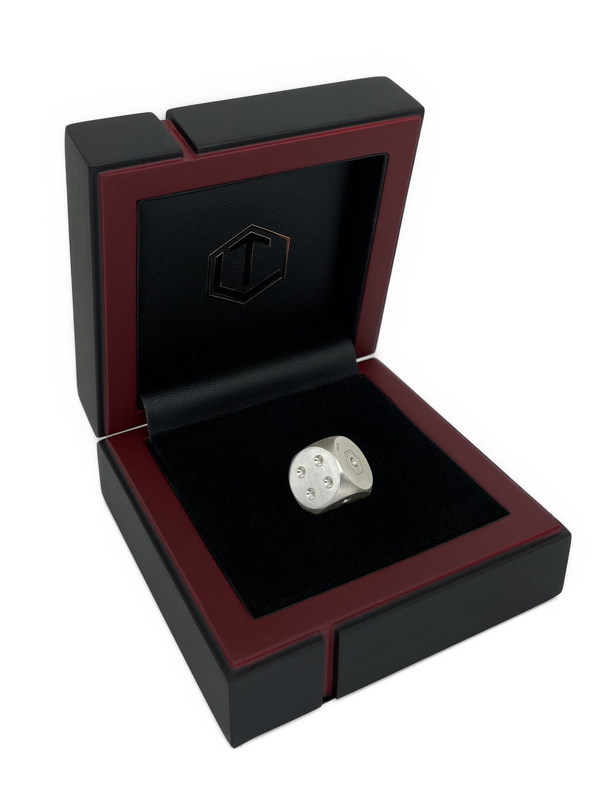 Solid_brushed Sterling_Silver Dice_14mm in black case - Massiver Spielwürfel aus Silber im Etui