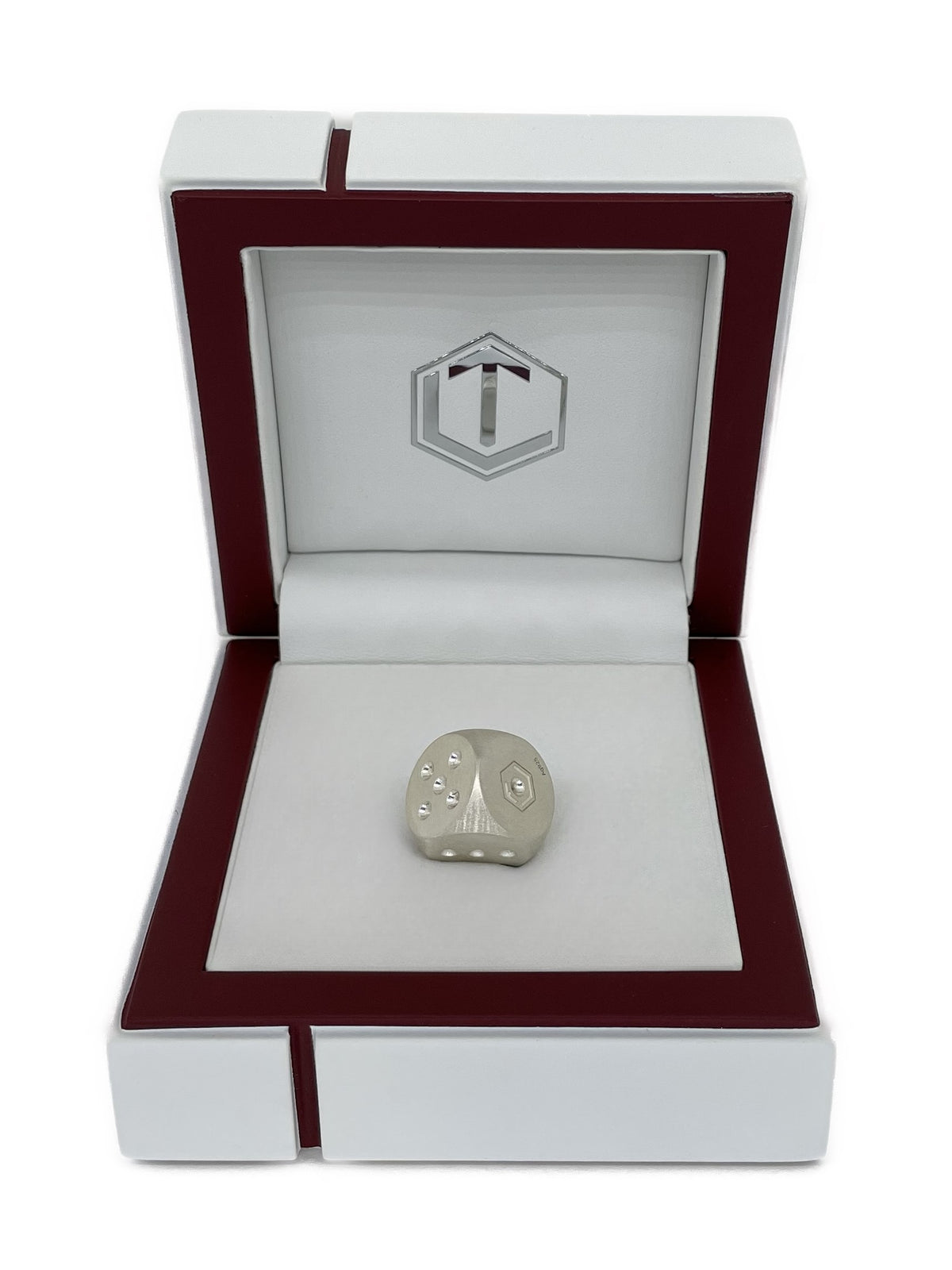 Solid_brushed Sterling_Silver Dice_14mm in white case - Massiver Würfel aus Sterlingsilber mattiert im Etui