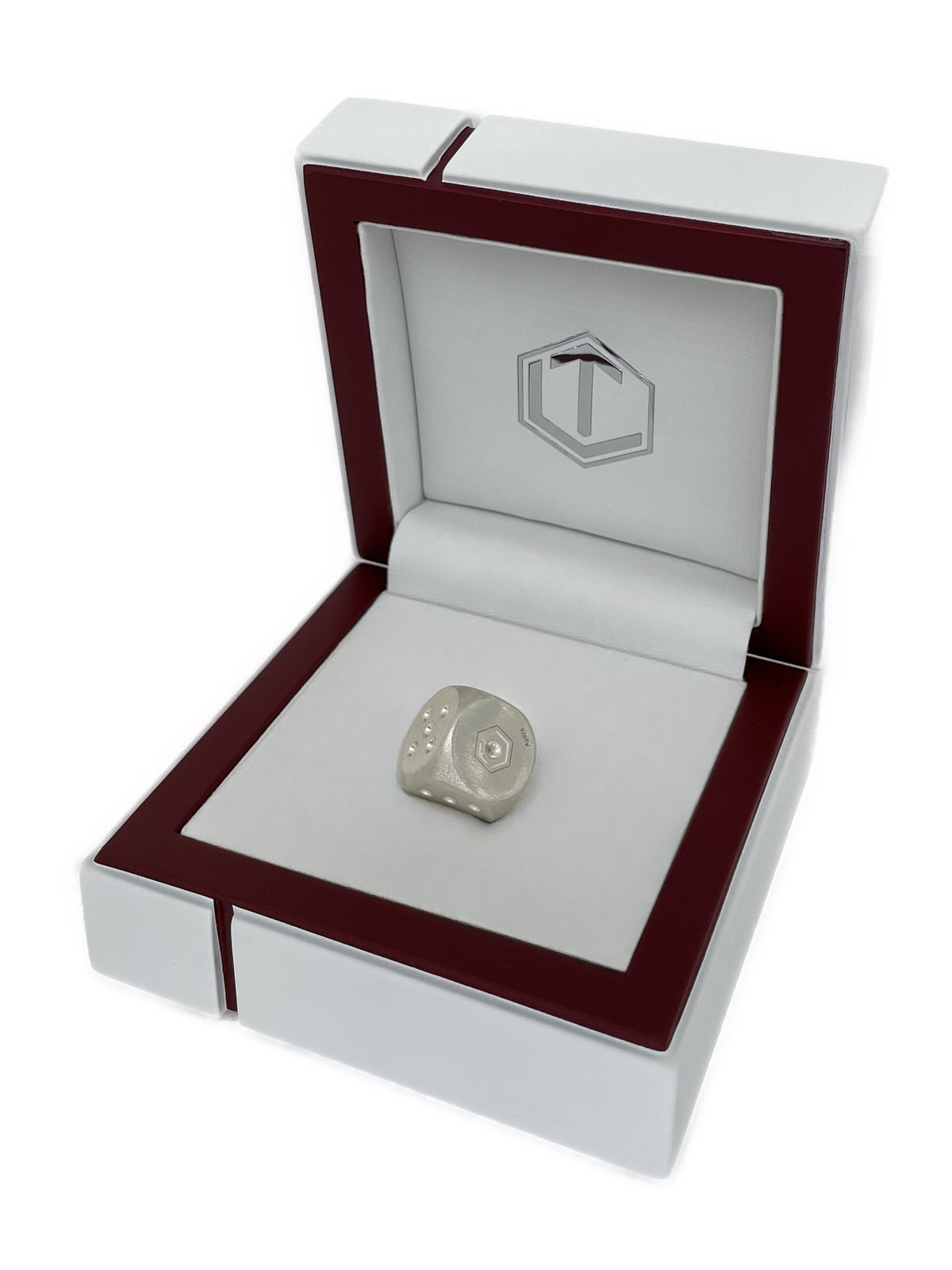 Solid_brushed Sterling_Silver Dice_14mm in white case - Massiver Spielwürfel aus Sterlingsilber im Etui