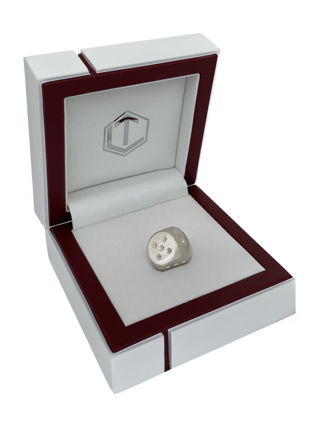 Solid_brushed Sterling_Silver Dice_14mm in white case - Spielwürfel aus Silber mattiert und massiv im Etui
